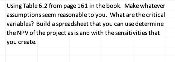 Using Table 6.2 from page 161 in the book. Make whatever assumptions seem reasonable to you. What are the
