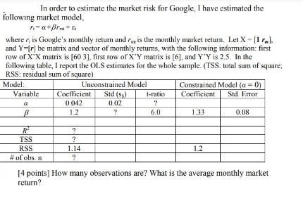 In order to estimate the market risk for Google, I have estimated the following market model, n=a+Bra+ &