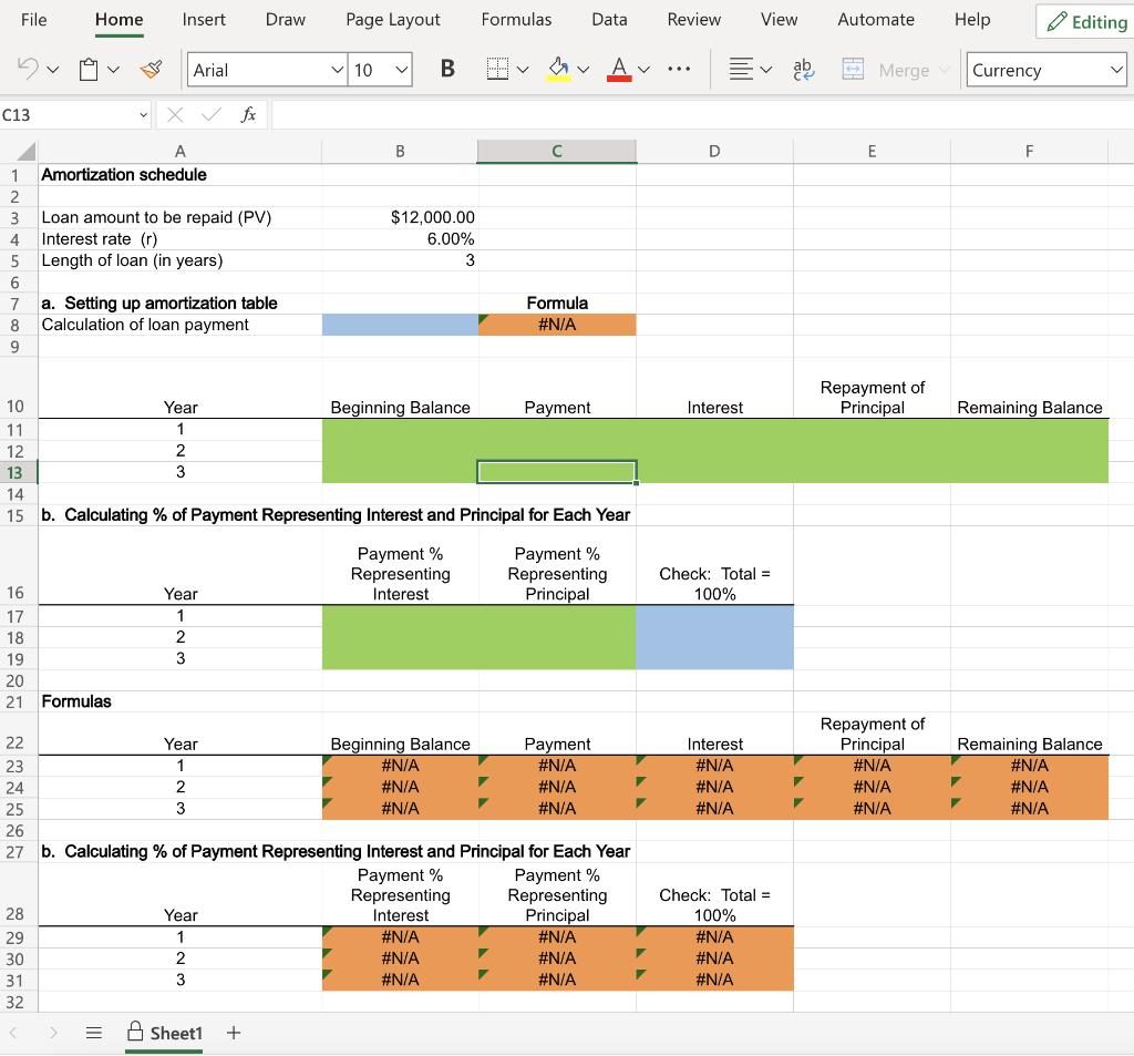 File Home Insert Draw Page Layout Formulas Data Review View Automate Help b. Calculating ( % ) of Payment Representing Int