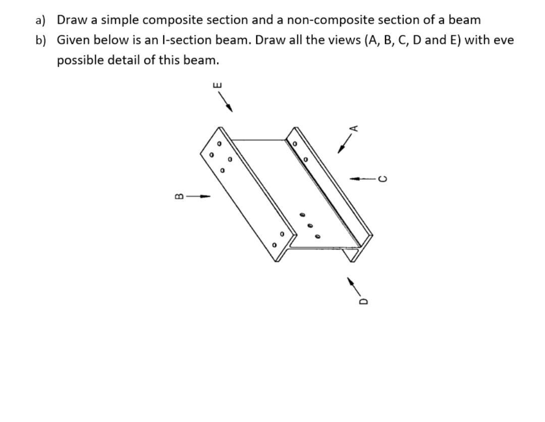 a) Draw a simple composite section and a non-composite section of a beam b) Given below is an I-section beam. Draw all the vi