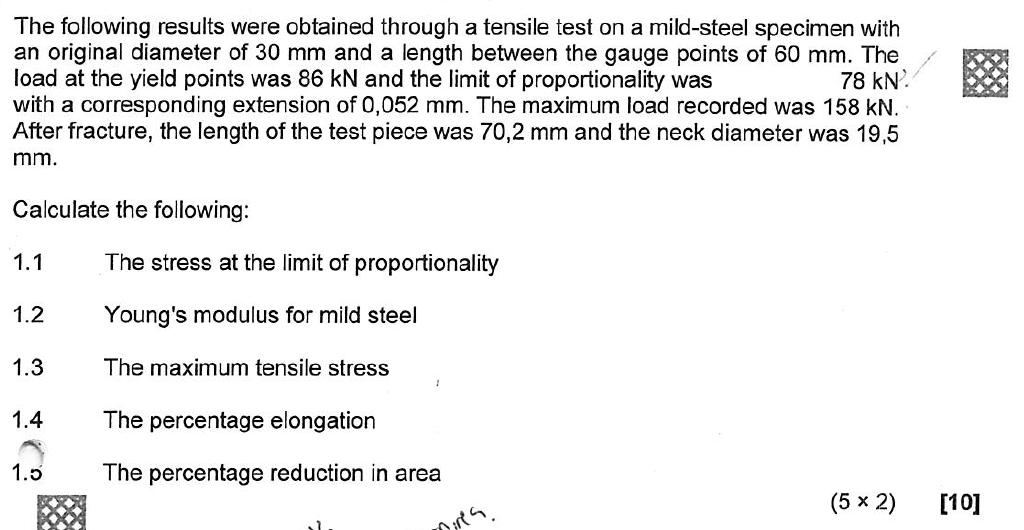 The following results were obtained through a tensile test on a mild-steel specimen with an original diameter of ( 30 mathr