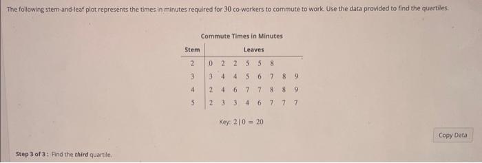 The following stem-and-leaf plot represents the times in minutes required for 30 co-workers to commute to