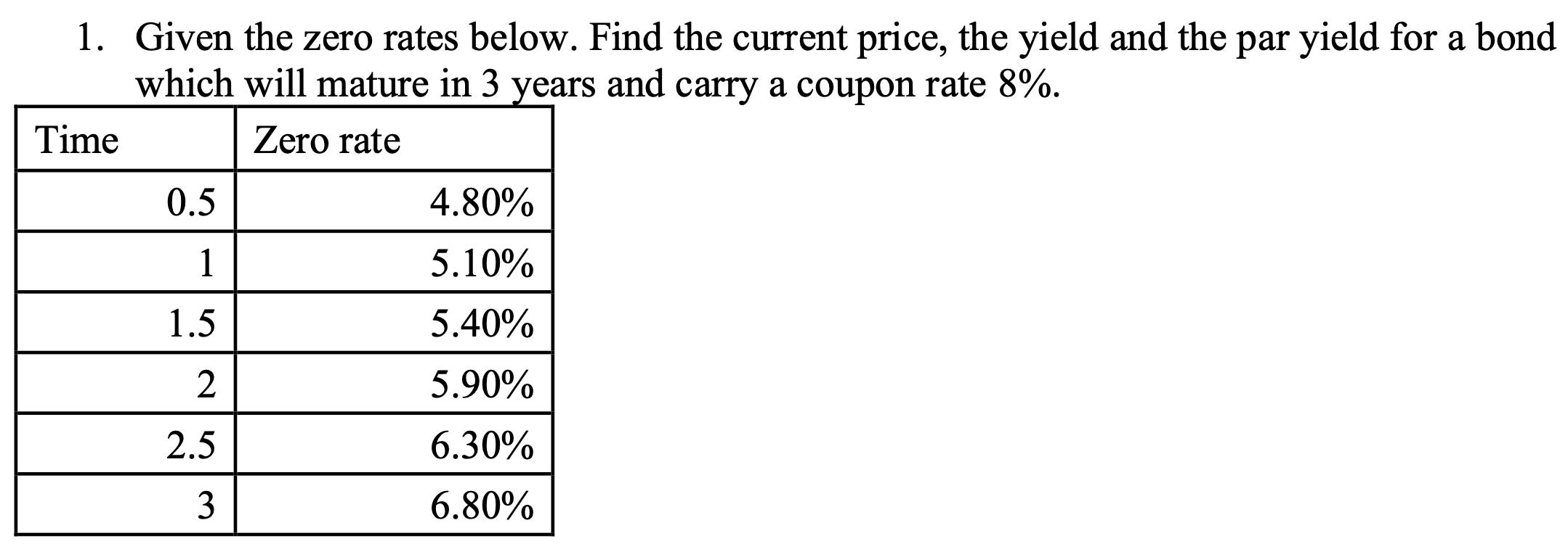 1. Given the zero rates below. Find the current price, the yield and the par yield for a bond which will mature in 3 years an