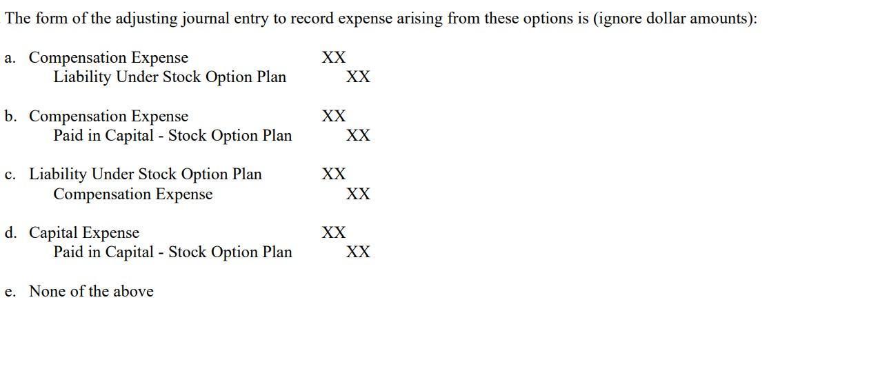 The form of the adjusting journal entry to record expense arising from these options is (ignore dollar amounts):