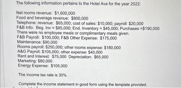 The following information pertains to the Hotel Ava for the year 2022: Net rooms revenue: ( $ 1,600,000 ) Food and beverag