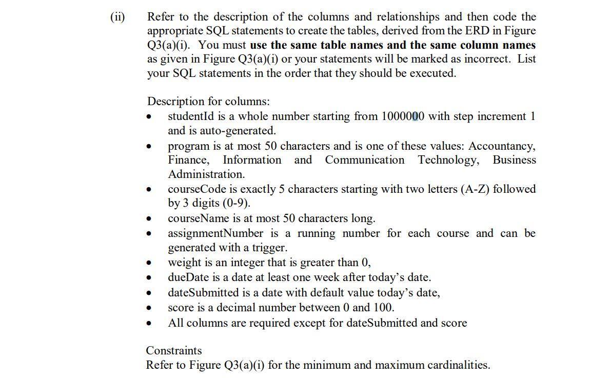 Refer to the description of the columns and relationships and then code the appropriate SQL statements to create the tables,