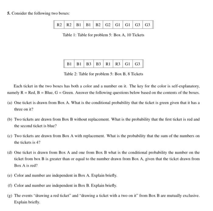 5. Consider the following two boxes: Table 1: Table for problem 5: Box A, 10 Tickets Table 2: Table for problem 5: Box B, 8 T