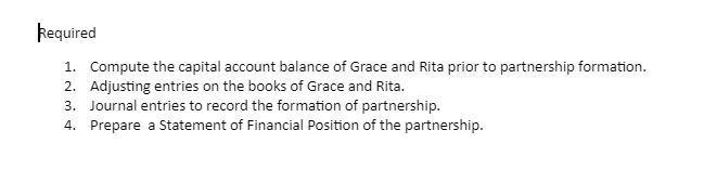 Required 1. Compute the capital account balance of Grace and Rita prior to partnership formation. 2. Adjusting entries on the