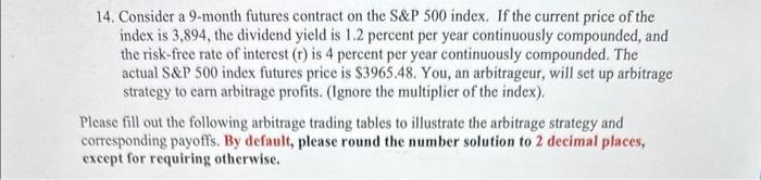 14. Consider a 9-month futures contract on the S&P 500 index. If the current price of the index is 3,894 , the dividend yiel