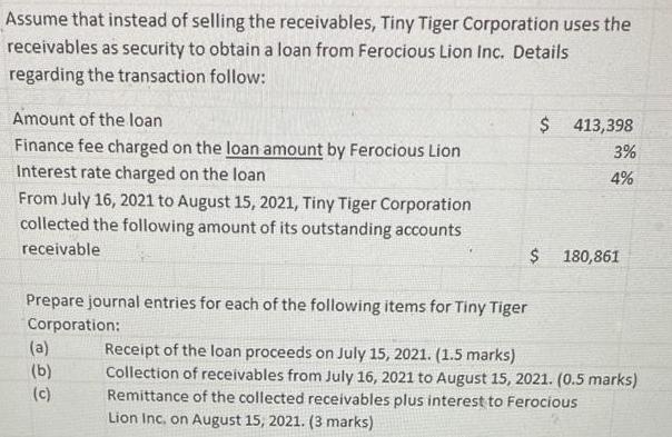 Assume that instead of selling the receivables, Tiny Tiger Corporation uses the receivables as security to