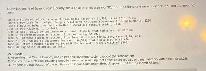At the beginning of June, Circuit Country has a balance in inventory of $2,000. The following transactions