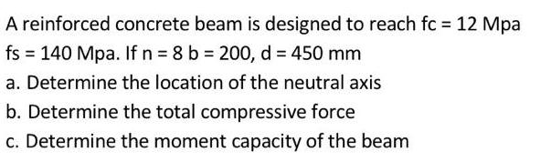 A reinforced concrete beam is designed to reach fc = 12 Mpa fs = 140 Mpa. If n = 8 b = 200, d = 450 mm a.
