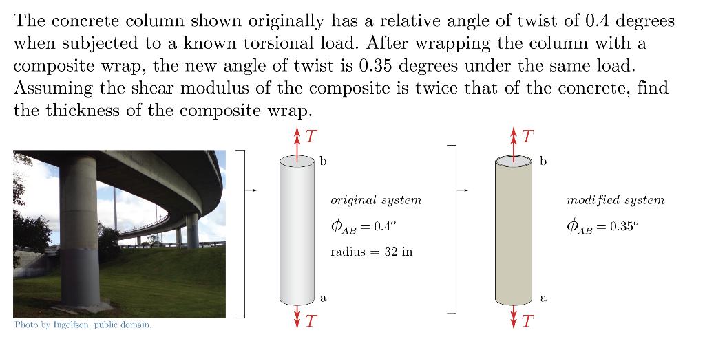 The concrete column shown originally has a relative angle of twist of 0.4 degrees when subjected to a known