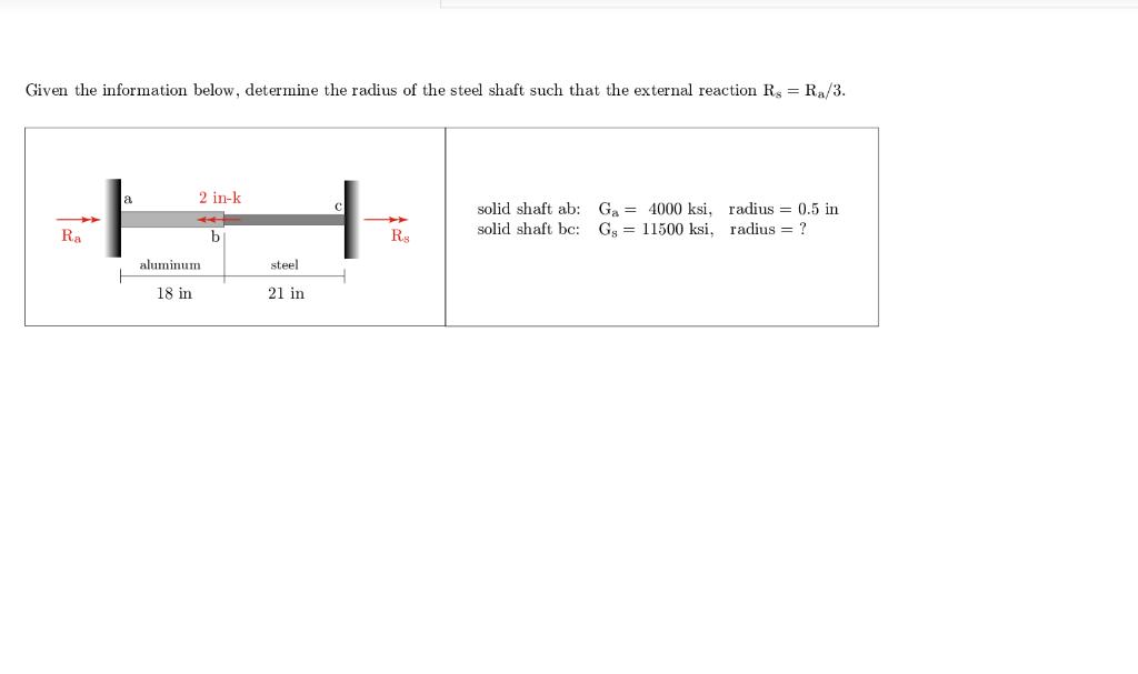 Given the information below, determine the radius of the steel shaft such that the external reaction R = R/3.