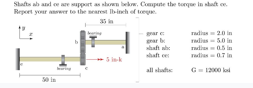 Shafts ab and ce are support as shown below. Compute the torque in shaft ce. Report your answer to the