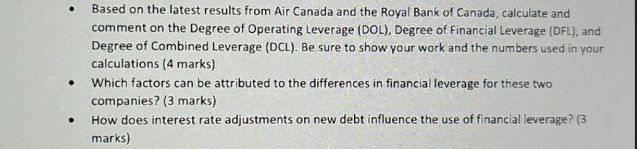 Based on the latest results from Air Canada and the Royal Bank of Canada, calculate and comment on the Degree