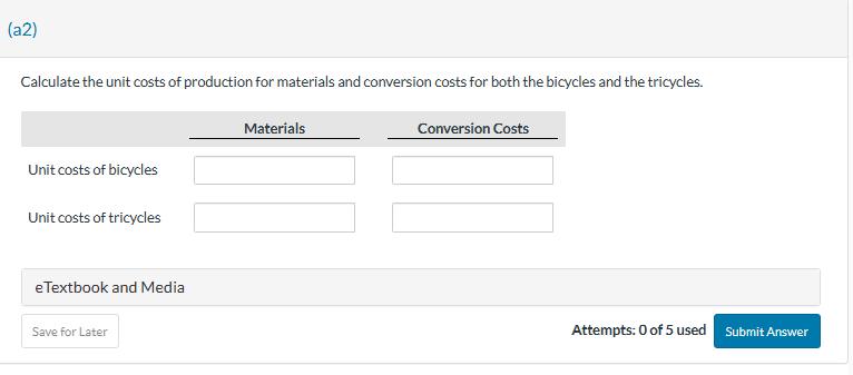 Calculate the unit costs of production for materials and conversion costs for both the bicycles and the tricycles.