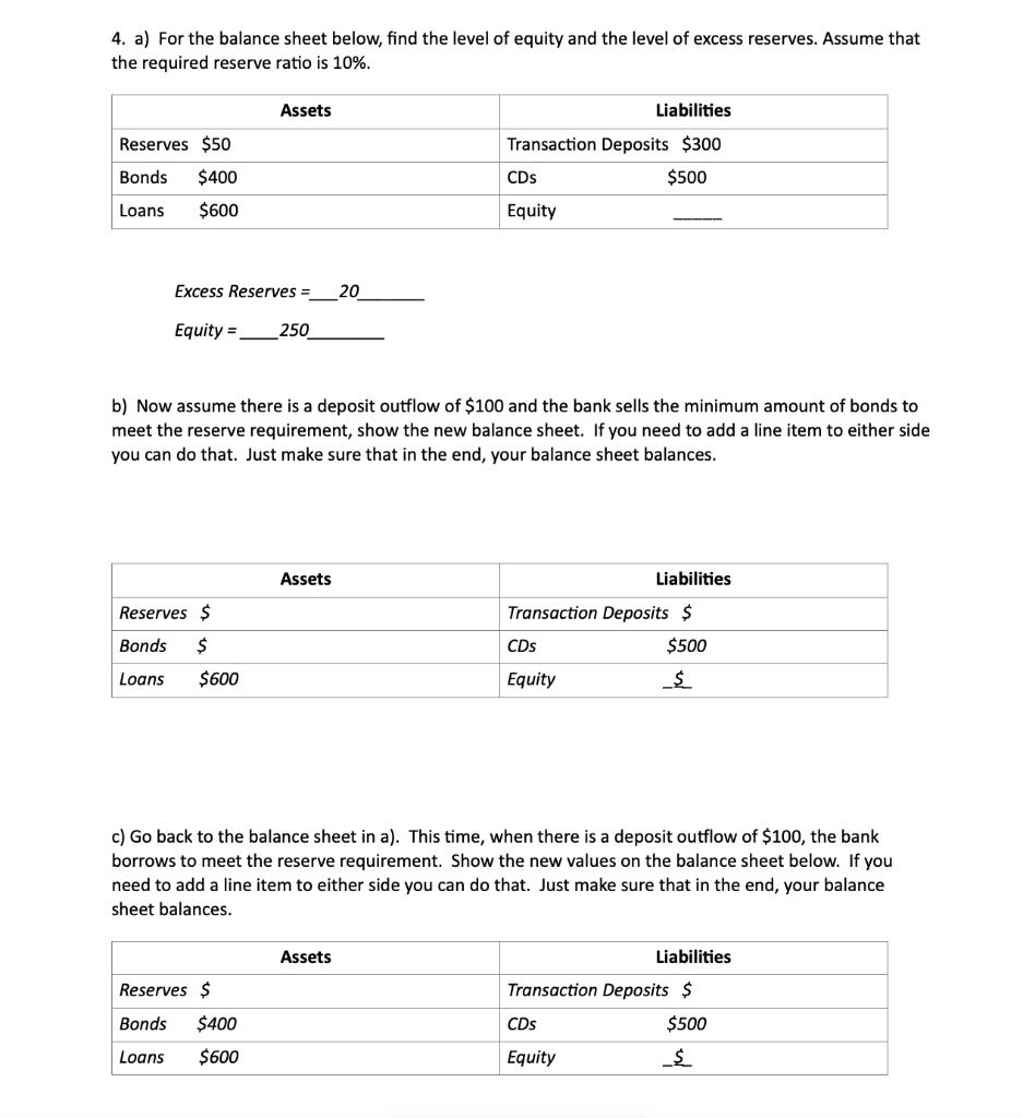 4. a) For the balance sheet below, find the level of equity and the level of excess reserves. Assume that the