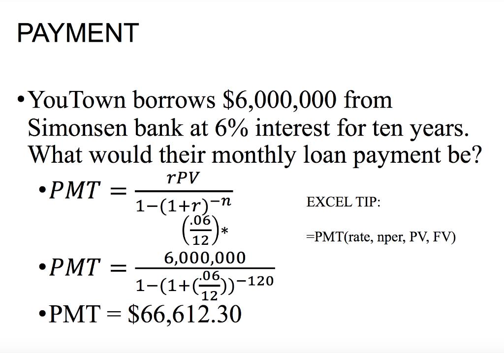 -YouTown borrows ( $ 6,000,000 ) from Simonsen bank at ( 6 % ) interest for ten years. What would their monthly loan pa