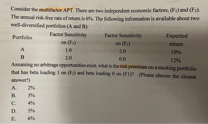 Consider the multifactor APT. There are two independent economic factors, ( left(F_{1}right) ) and ( left(F_{2}right)