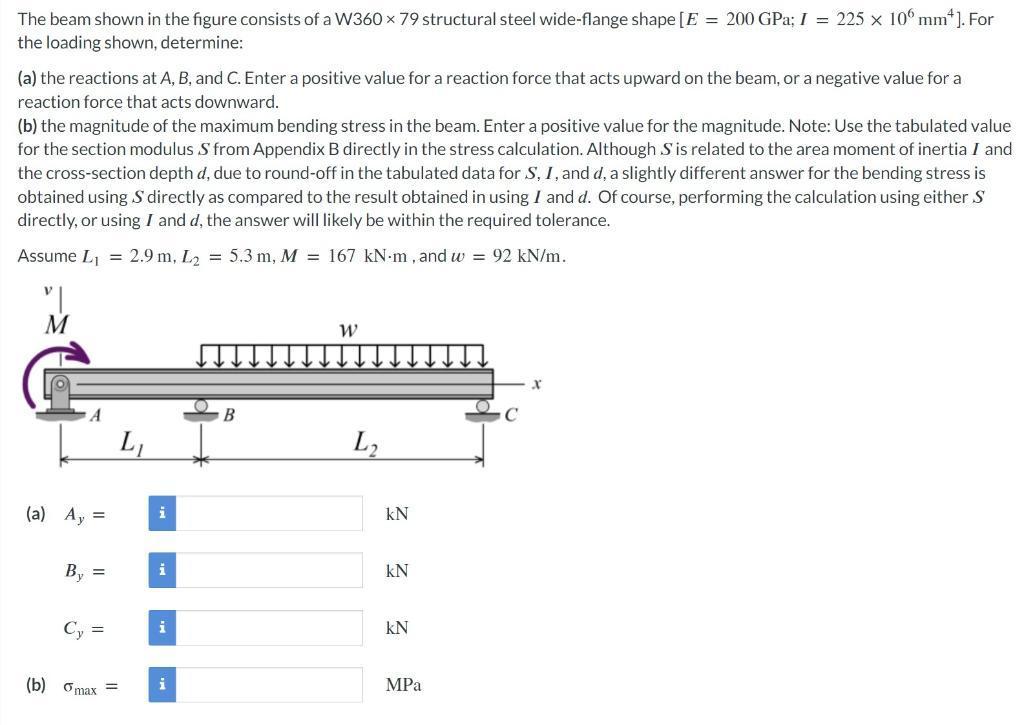 The beam shown in the figure consists of a W360 x 79 structural steel wide-flange shape [E = 200 GPa; I = 225