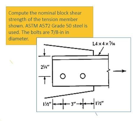 Compute the nominal block shear strength of the tension member shown. ASTM A572 Grade 50 steel is used. The