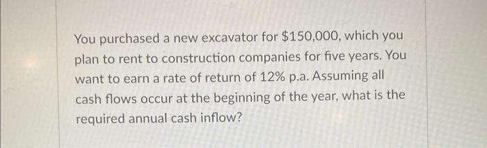 You purchased a new excavator for ( $ 150,000 ), which you plan to rent to construction companies for five years. You want