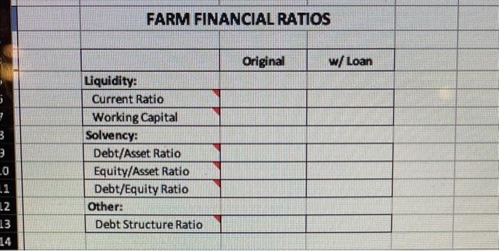 FARM FINANCIAL RATIOS begin{tabular}{|l|l|l|} hline & Original & w/Loan  hline Liquidity: & &  hline Current Ratio &
