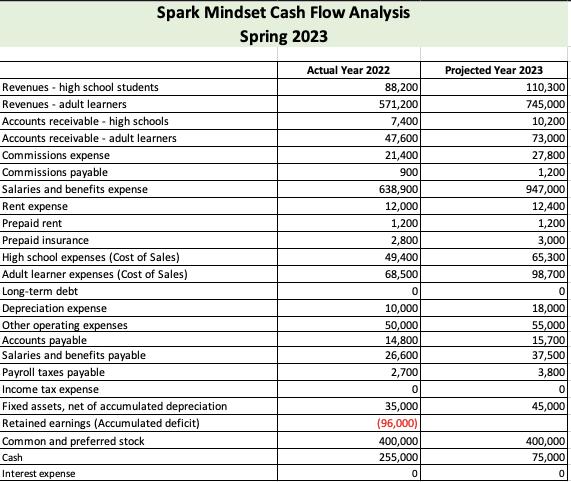 Spark Mindset Cash Flow Analysis Spring 2023 begin{tabular}{|l|r|r|} hline & Actual Year 2022 & Projected Year 2023  hli