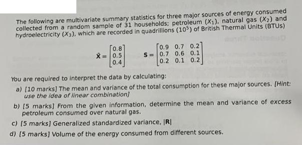 The following are multivariate summary statistics for three major sources of energy consumed collected from a