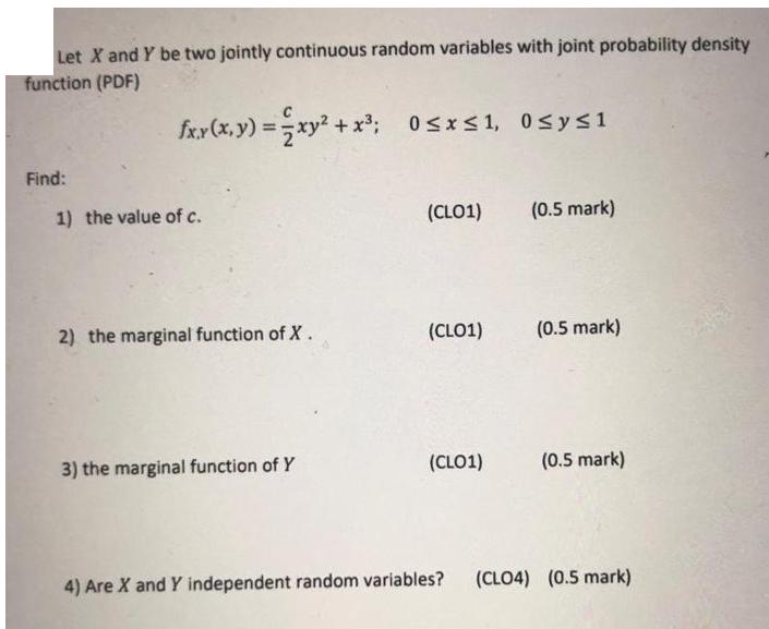Let X and Y be two jointly continuous random variables with joint probability density function (PDF) fx.x