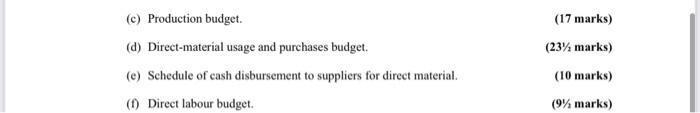 (c) Production budget. (17 marks) (d) Direct-material usage and purchases budget. (23 ( 1 / 2 ) marks) (e) Schedule of cash