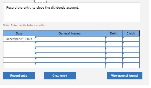 Record the entry to close the dividends account. Note: Enter debits before credits. Date December 31, 2024