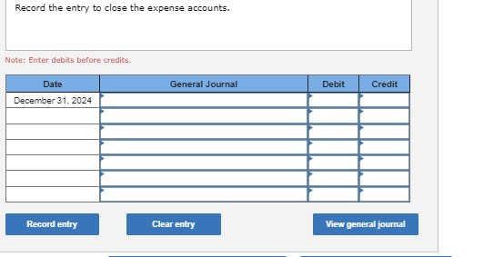 Record the entry to close the expense accounts. Note: Enter debits before credits. Date December 31, 2024