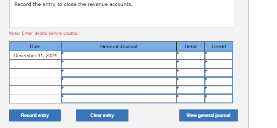 Record the entry to close the revenue accounts. Note: Enter debits before credits. Date December 31, 2024