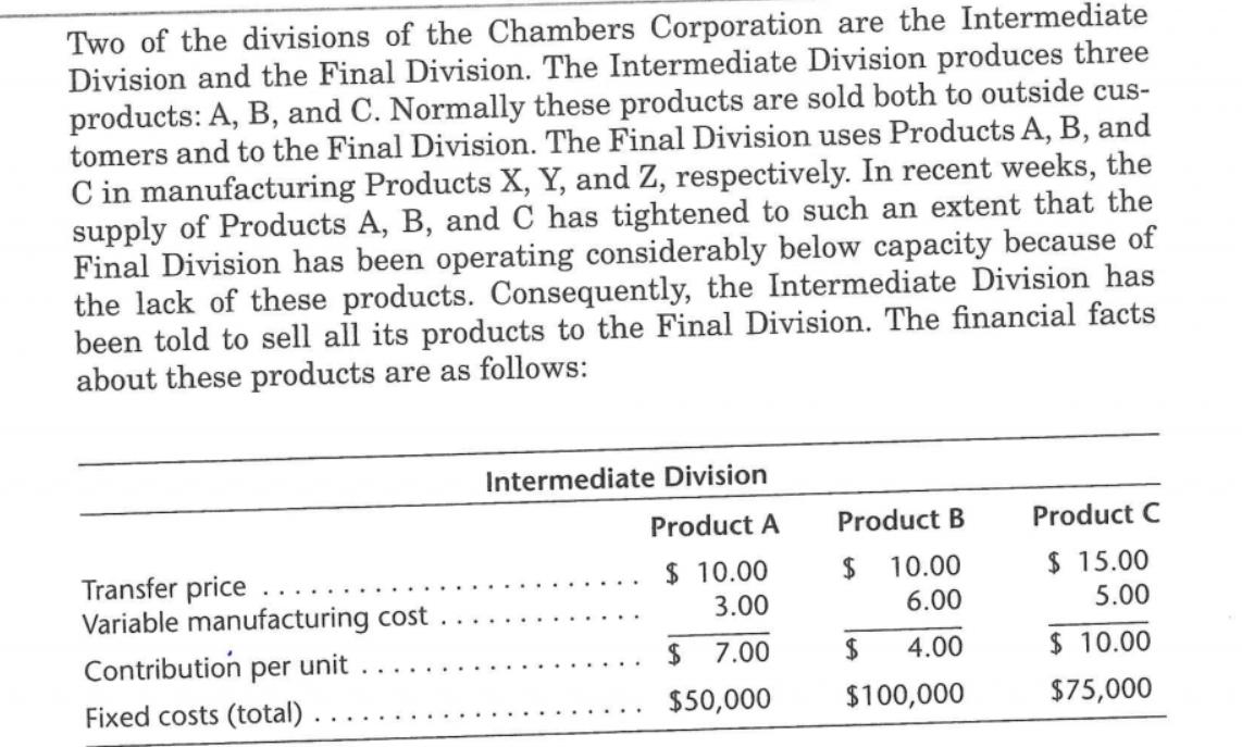 Two of the divisions of the Chambers Corporation are the Intermediate Division and the Final Division. The