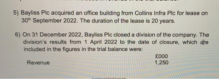 5) Bayliss Plc acquired an office building from Collins Infra Plc for lease on \( 30^{\text {th }} \) September 2022 . The du