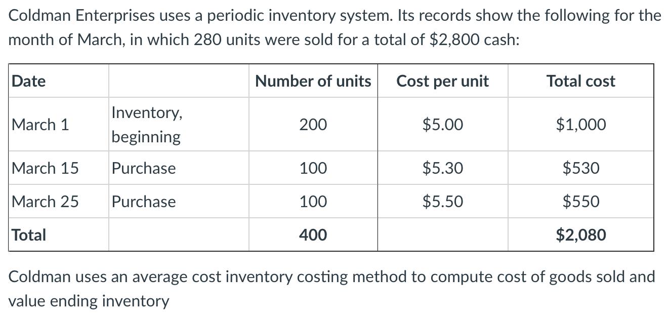 Coldman Enterprises uses a periodic inventory system. Its records show the following for the month of March, in which 280 uni