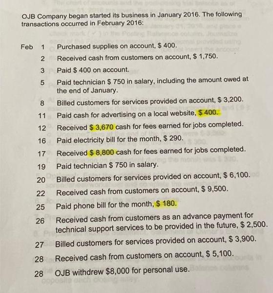 OJB Company began started its business in January 2016. The following transactions occurred in February 2016: