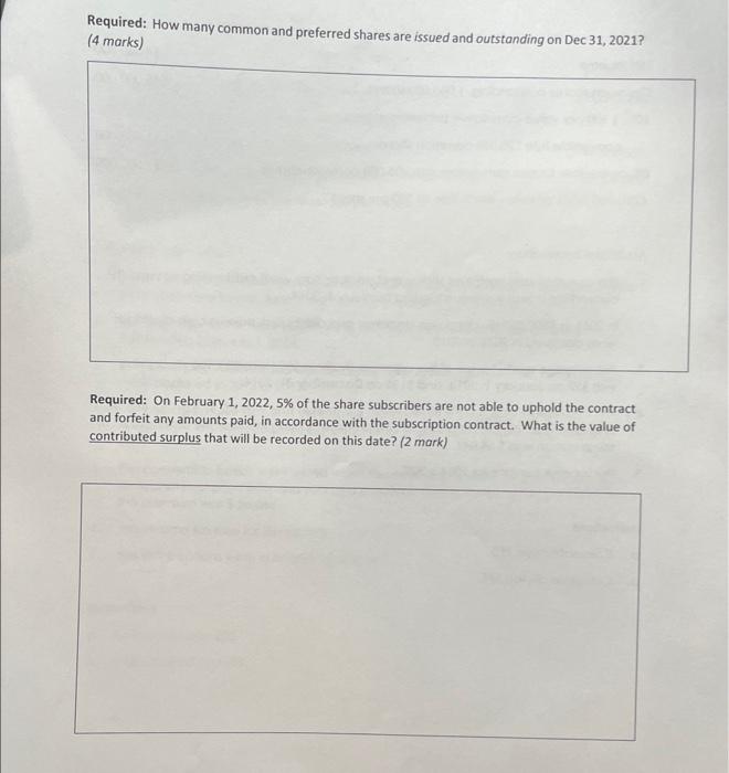 Required: How many common and preferred shares are issued and outstanding on Dec 31, 2021? (4 marks)