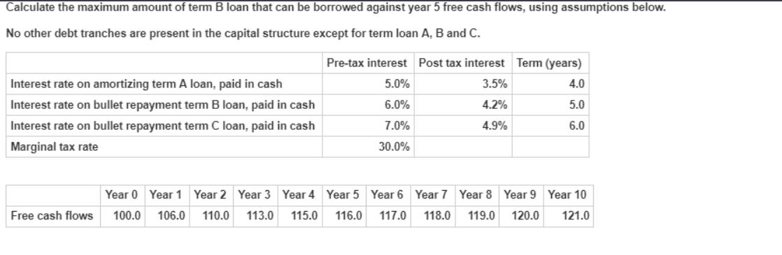 Calculate the maximum amount of term B loan that can be borrowed against year 5 free cash flows, using