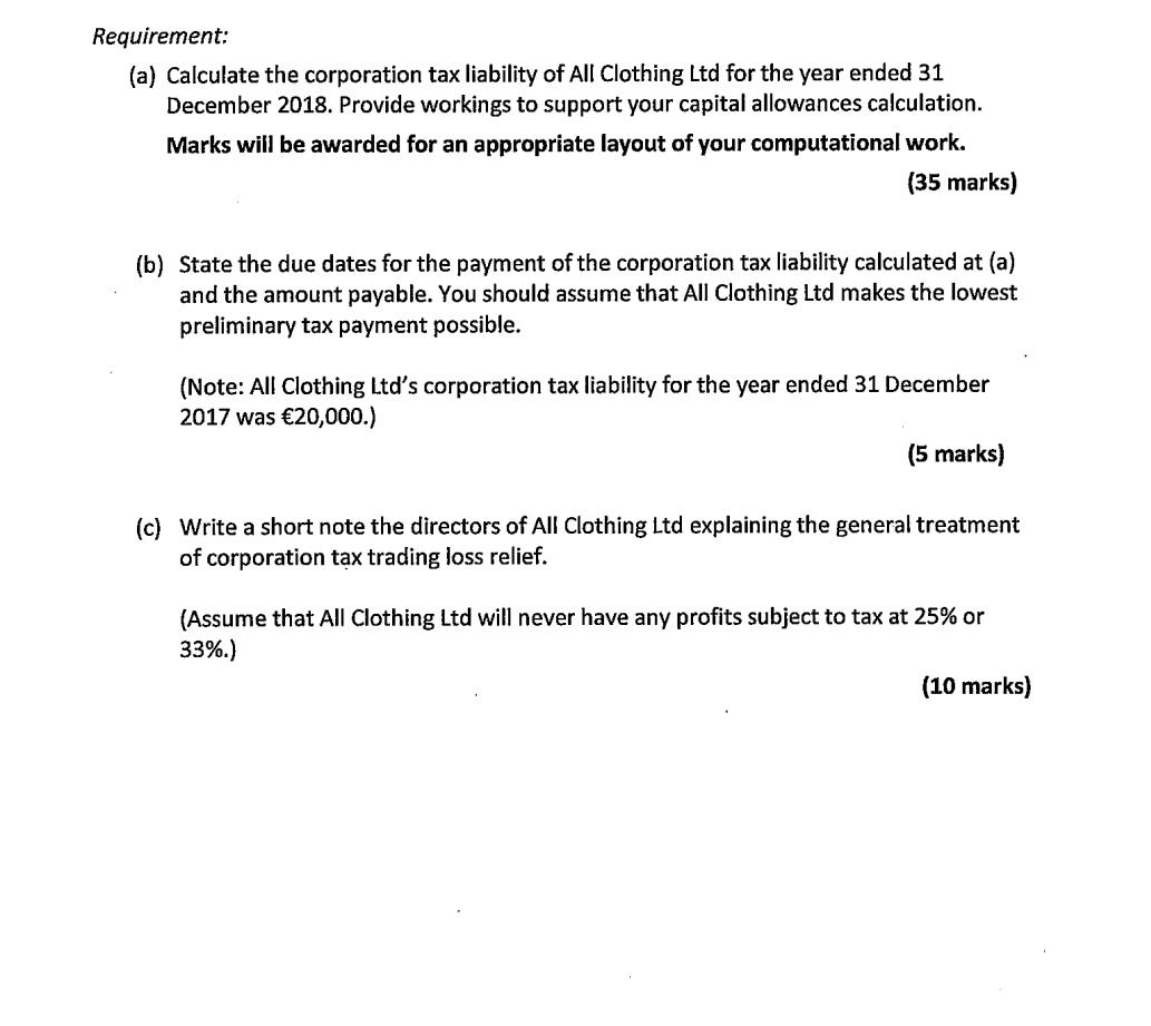 Requirement: (a) Calculate the corporation tax liability of All Clothing Ltd for the year ended 31 December 2018. Provide wor