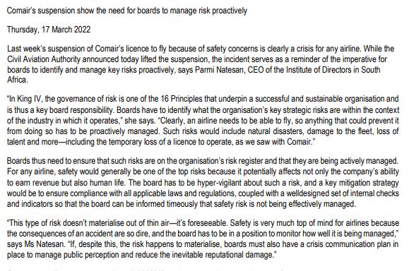 Comair's suspension show the need for boards to manage risk proactively Thursday, 17 March 2022 Last week's