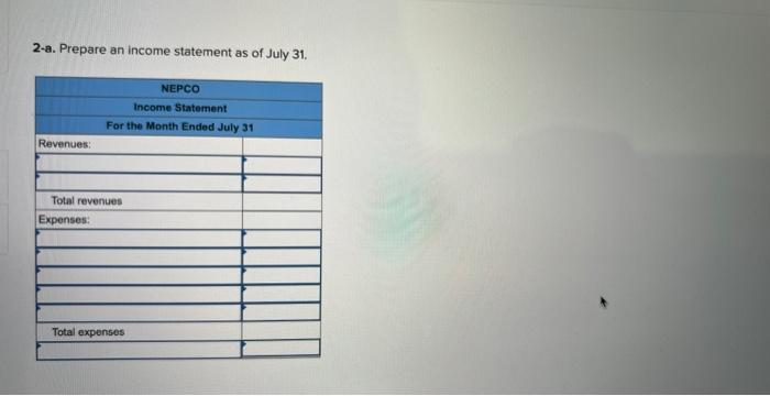 2-a. Prepare an income statement as of July 31. Revenues: Income Statement For the Month Ended July 31 Total