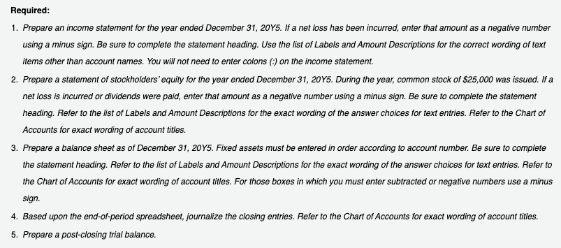 Required: 1. Prepare an income statement for the year ended December 31, 20Y5. If a net loss has been