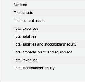 Net loss Total assets Total current assets Total expenses Total liabilities Total liabilities and