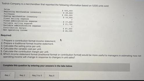 Todrick Company is a merchandiser that reported the following information based on 1,000 units sold: Sales