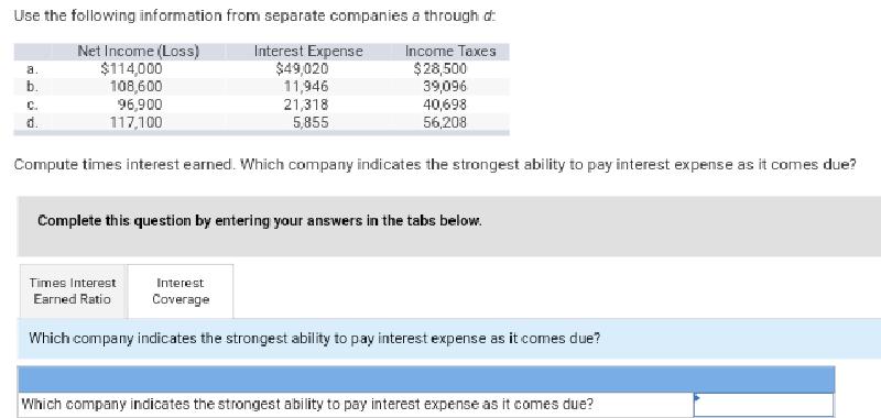 Use the following information from separate companies a through d: Net Income (Loss) $114,000 108,600 96,900