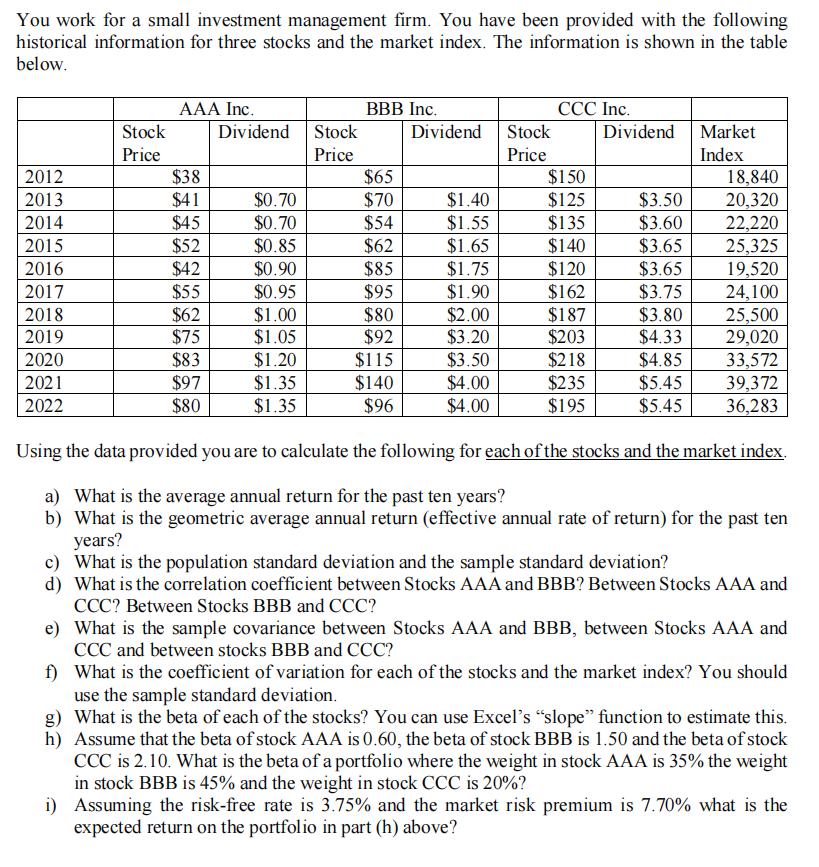 You work for a small investment management firm. You have been provided with the following historical