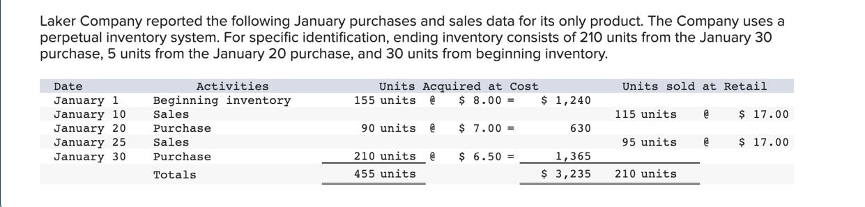 Laker Company reported the following January purchases and sales data for its only product. The Company uses